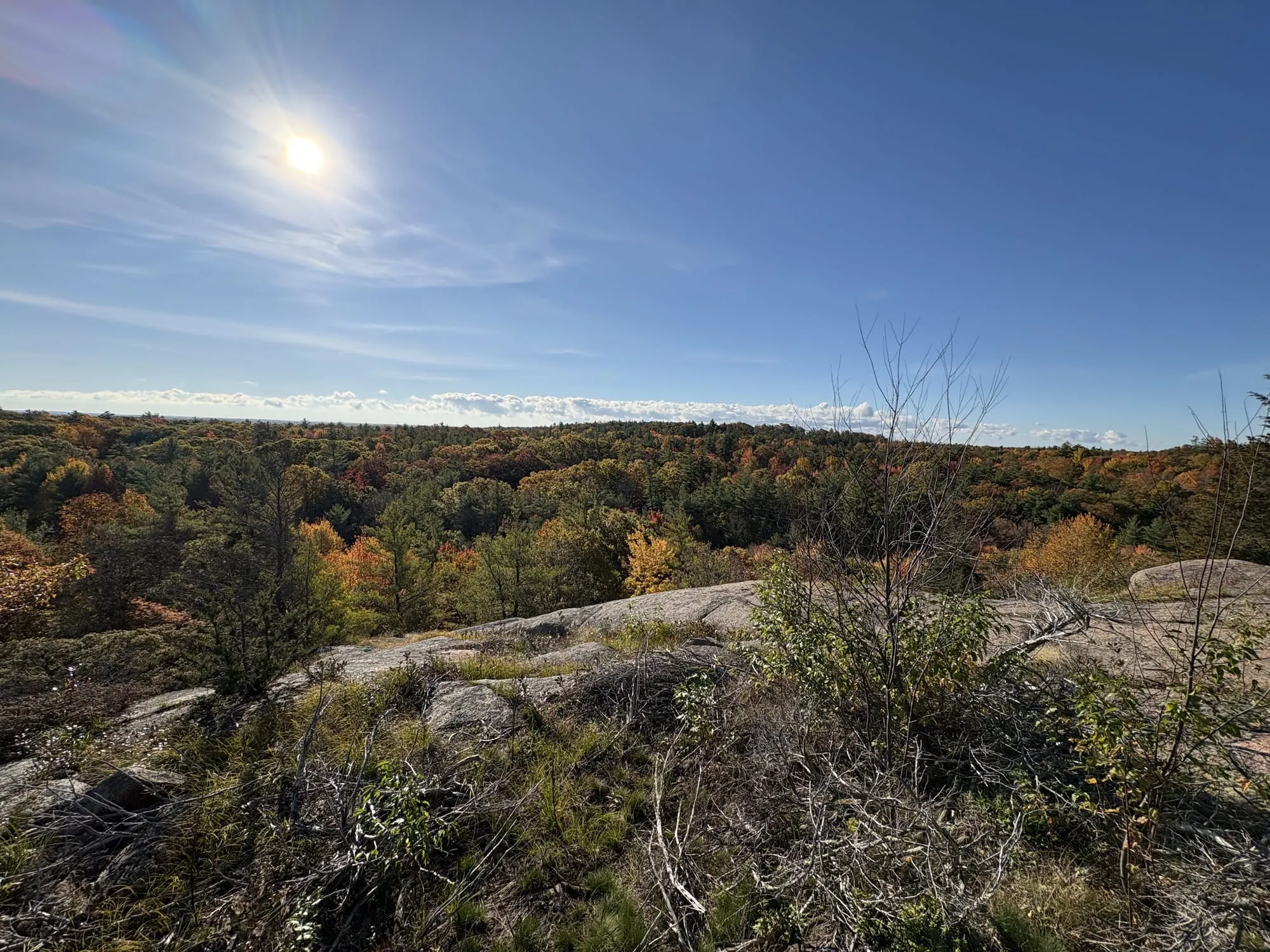 Looking out from a bare granite outcrop over a forest of orange, red, yellow and green treetops under a bright October sun