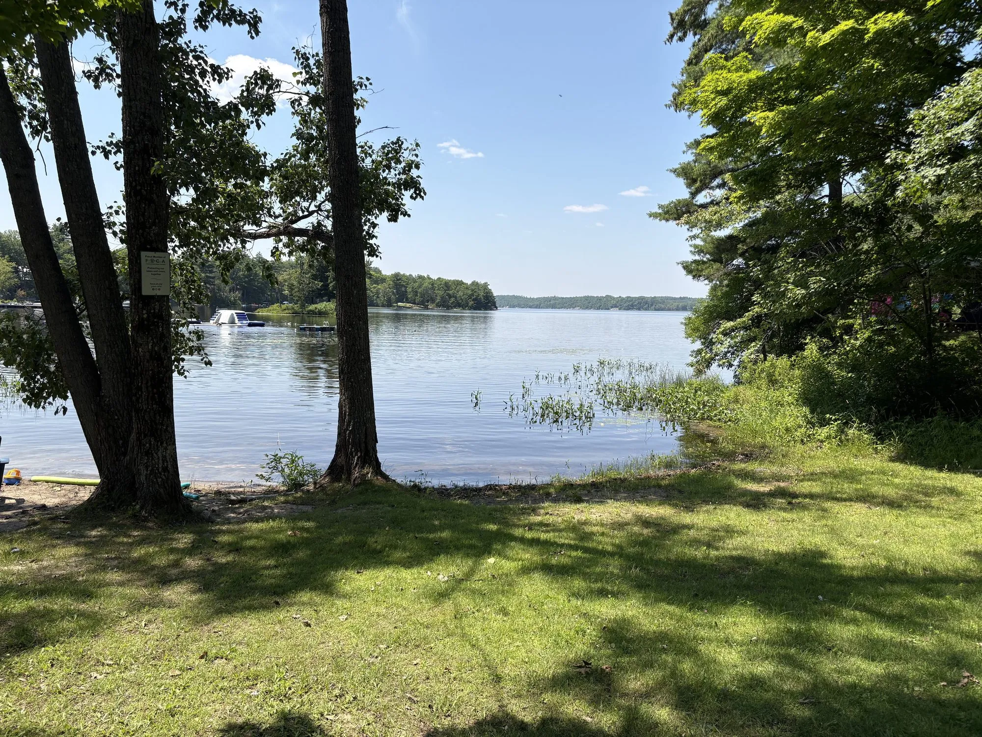 A shaded lawn under big trees at Kennebec Beach, opening onto a calm lake with a marked swimming area